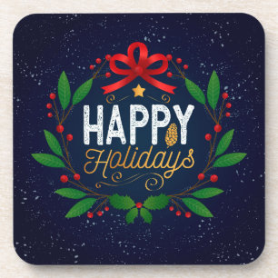 Elegant Blue Floral Happy Holidays   Coaster