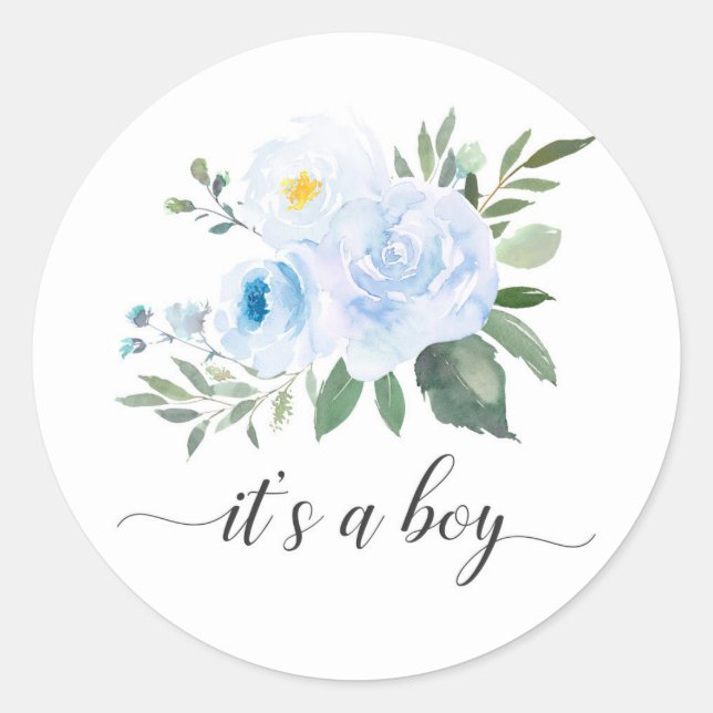 Elegant Blue Floral It's a Boy Baby Shower Sticker (Front)