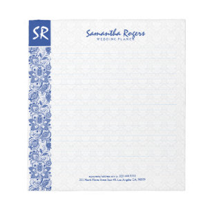 Elegant Blue Floral Lace And White Damasks Notepad