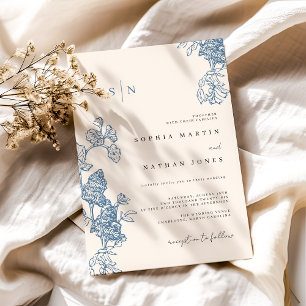 Elegant Blue Floral Lace Ivory Wedding Invitation