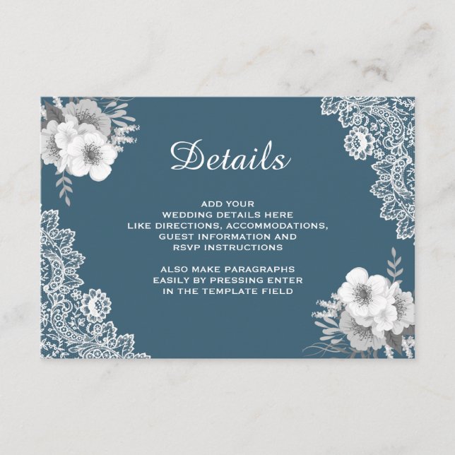 Elegant Blue Floral Lace Wedding Details Enclosure Card (Front)