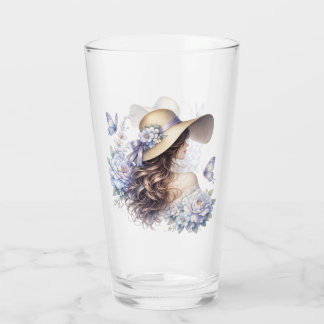 Elegant Blue Floral Lady Glass Cup