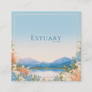 Elegant Blue Floral Lake Landscape Gold Frame Square Business Card