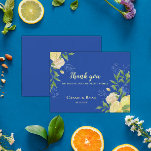 Elegant Blue Floral Lemon Wedding Thank You Cards