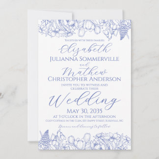 Elegant Blue Floral Line Art Vintage Wedding Invitation