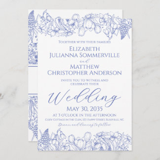 Elegant Blue Floral Line Art Vintage Wedding Invitation