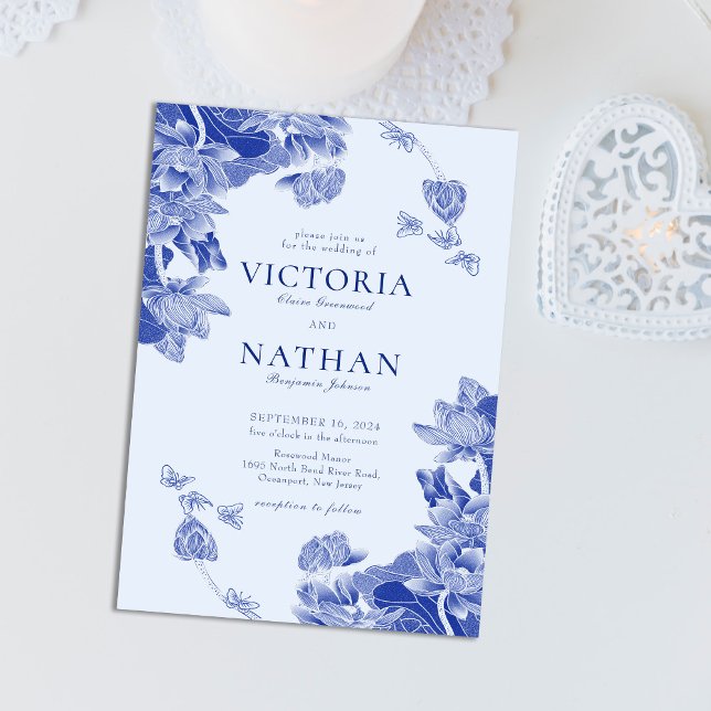 Elegant Blue Floral Lotus Chinoiserie Wedding  Magnetic Invitation (Creator Uploaded)
