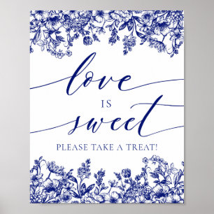 Elegant Blue Floral Love is Sweet Treat Favor Sign