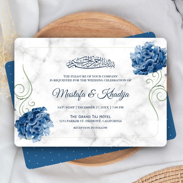 Elegant Blue Floral Marble Islamic Muslim Wedding Invitation (Creator Uploaded)