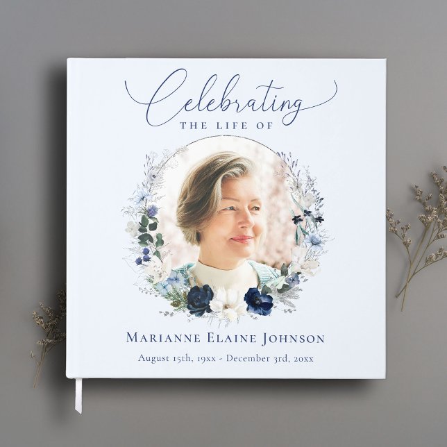 Elegant Blue Floral Memorial Celebration of Life Guest Book (Creator Uploaded)