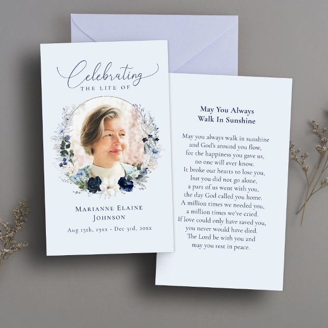 Elegant Blue Floral Memorial Funeral Prayer Card (Creator Uploaded)