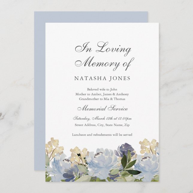 Elegant Blue Floral Memorial Service  Invitation (Front/Back)