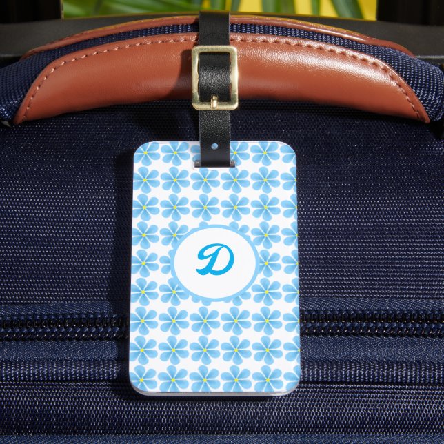 elegant blue floral modern monogram luggage tag (Front Insitu 2)