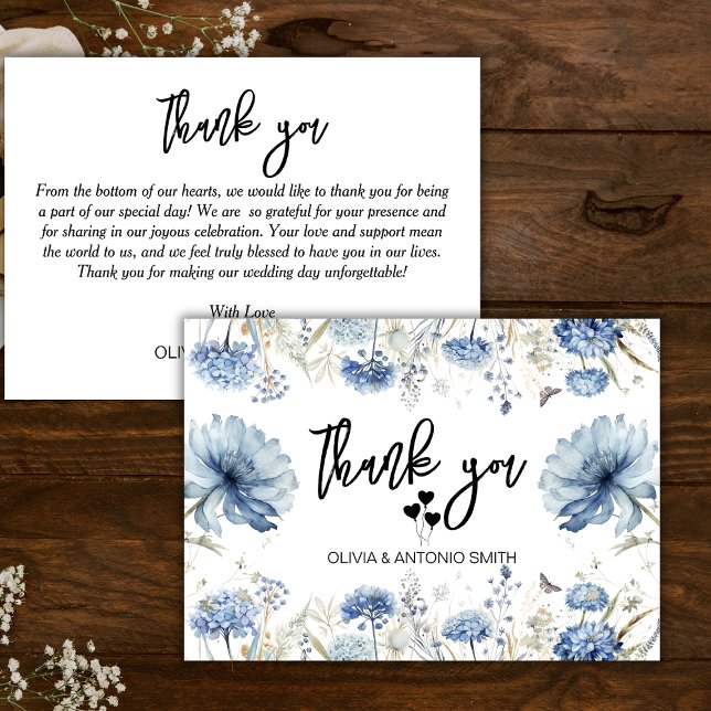 Elegant Blue Floral Modern Wedding  Thank You Card (Creator Uploaded)