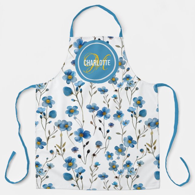 Elegant blue floral monogram name apron (Front)