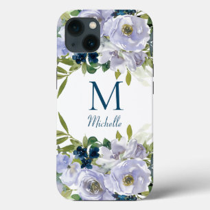 Elegant Blue Floral Monogram Name  iPhone 13 Case