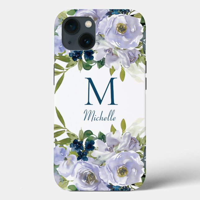 Elegant Blue Floral Monogram Name  Case-Mate iPhone Case (Back)