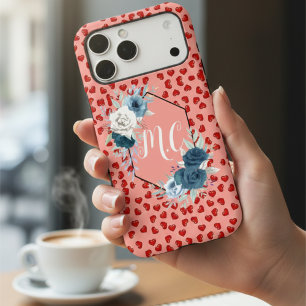 Elegant Blue Floral Monogram & Red Hearts Pattern
