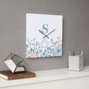 Elegant Blue Floral Monogram Square Wall Clock