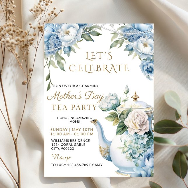Elegant Blue Floral Mother's Day Tea Party  Invitation (Elegant Blue Floral Vintage Teapot Tea Party Invitation)