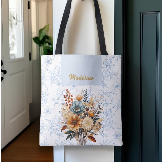 Elegant Blue Floral Name Tote Bag (Creator Uploaded)