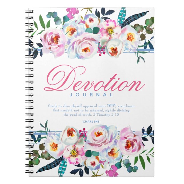 Elegant Blue Floral Named Devotion Journal (Front)