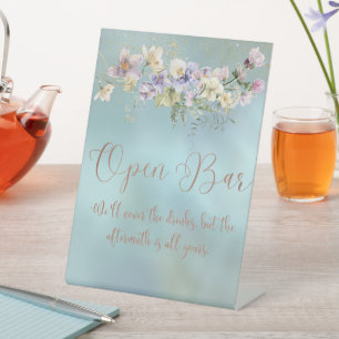 Elegant Blue Floral Open Bar Sign