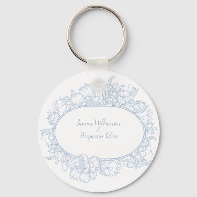 Elegant Blue Floral Open House Wedding  I Key Ring (Front)