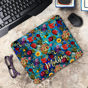 Elegant blue Floral pattern monogram Mouse Pad