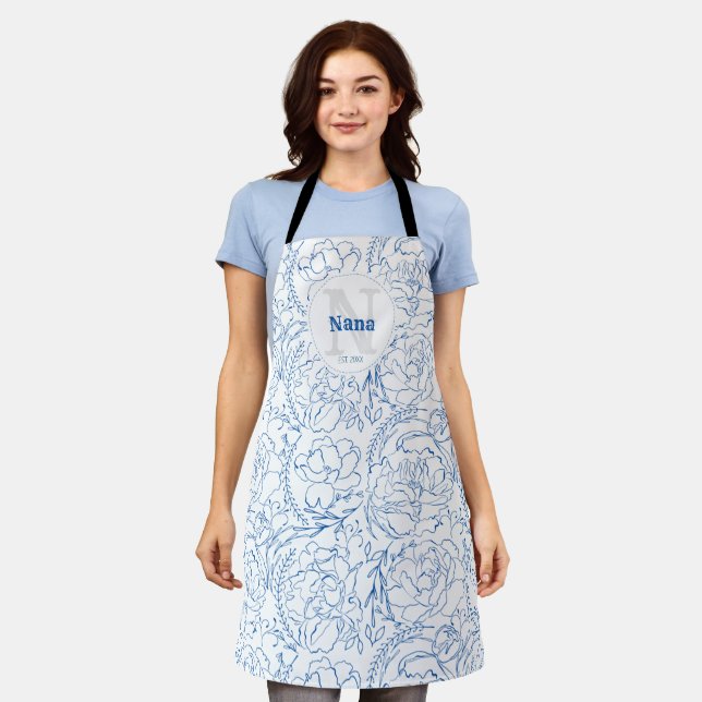 Elegant Blue Floral Pattern Monogrammed Nana Apron (Worn)