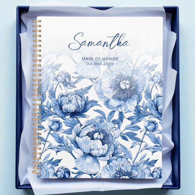 Elegant Blue Floral Pattern Script Maid of Honour Planner (Elegant Blue Floral Pattern Script Maid of Honor Planner)