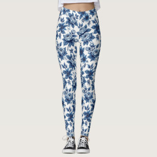 Elegant Blue Floral Pattern Vintage Peonies Leggings