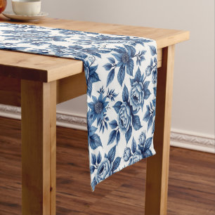 Elegant Blue Floral Pattern Vintage Peonies Short Table Runner