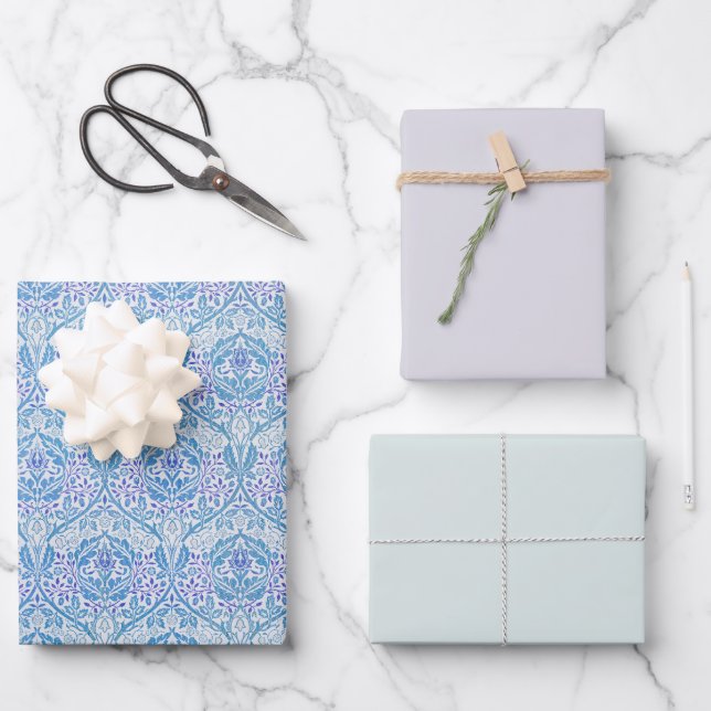 Elegant Blue Floral Pattern Wrapping Paper Sheet (Front)