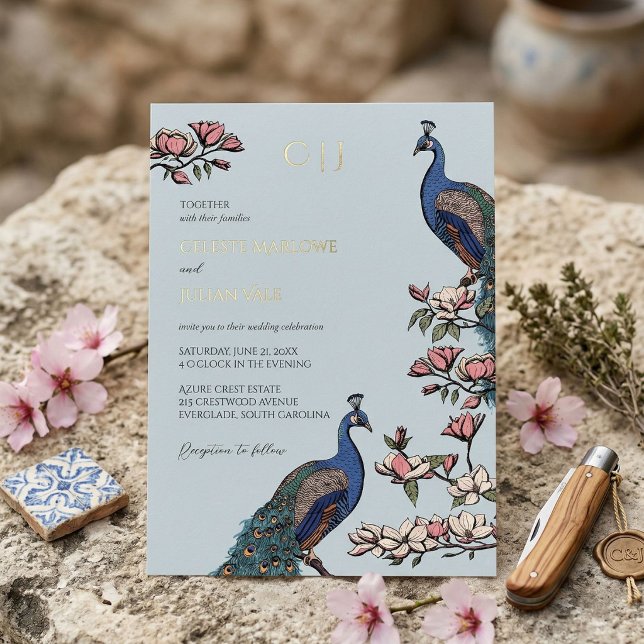 Elegant Blue Floral Peacock Wedding (hand-drawn vintage peacock in elegant Frenc blue chinoiserie style for modern chic peacock wedding)