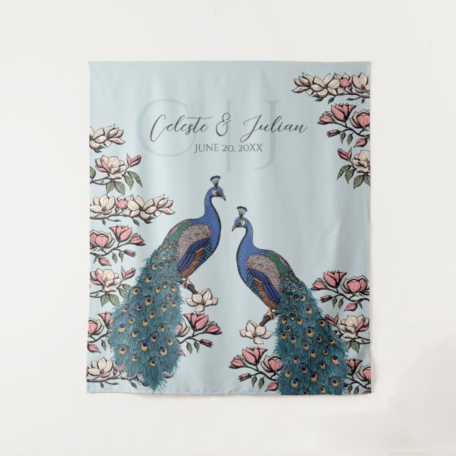 Elegant Blue Floral Peacock Wedding Backdrop Tapestry (Front)