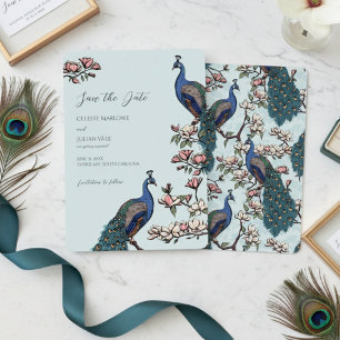 Elegant Blue Floral Peacock Wedding Save The Date