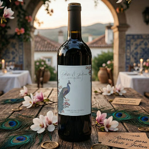 Elegant Blue Floral Peacock Wedding Wine Labels