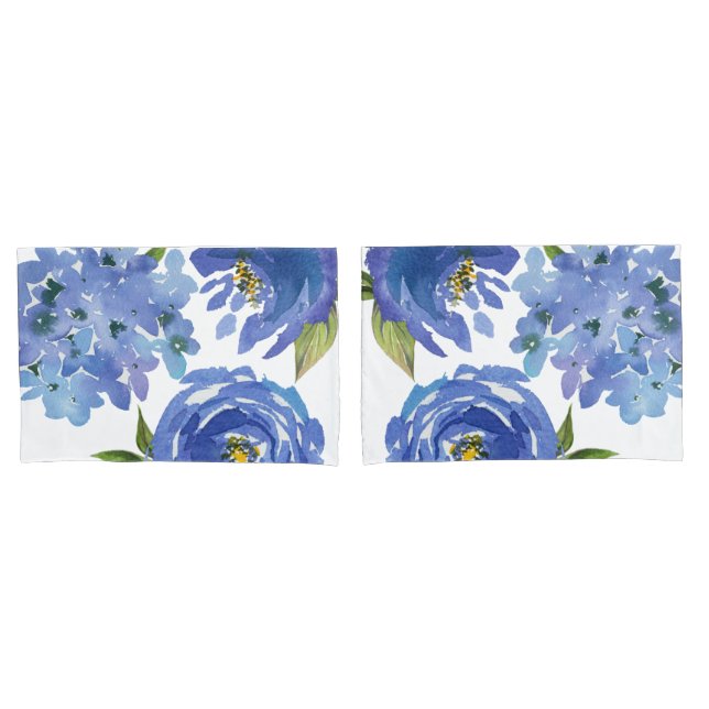 Elegant Blue Floral Peonies and Hydrangea Flowers Pillowcase (Front-Set)