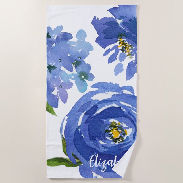 Elegant Blue Floral Peony Watercolor Personalised Beach Towel (Front)