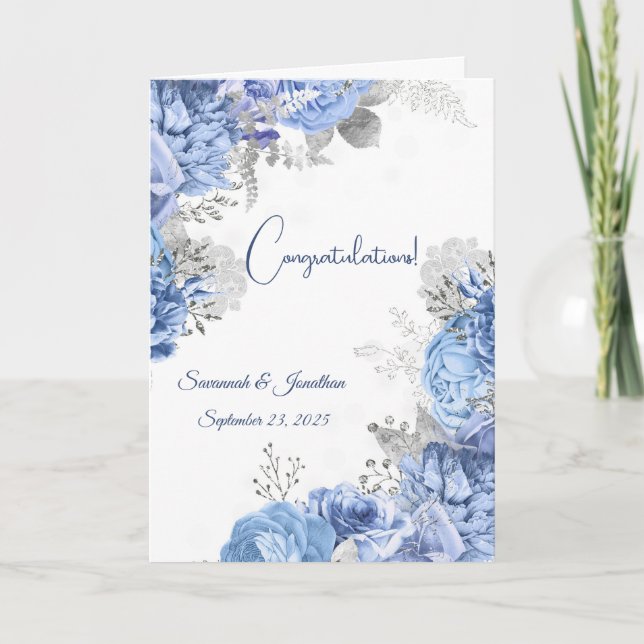 Elegant Blue Floral Personalised Wedding Card (Front)