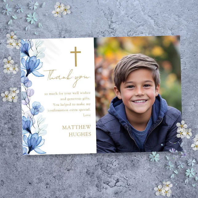 Elegant Blue Floral Photo Confirmation Thank You Card | Zazzle