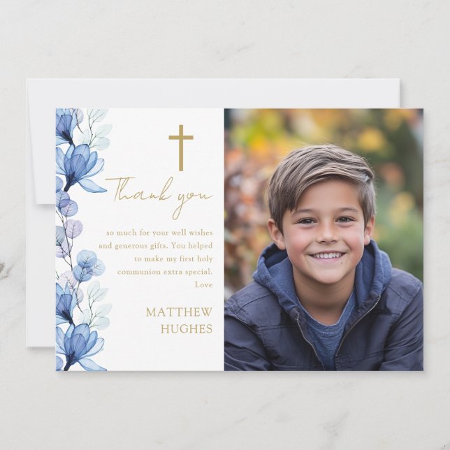 Elegant Blue Floral Photo First Holy Communion Thank You Card (Front)