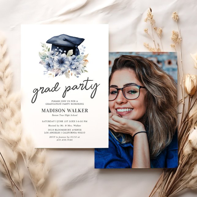 Elegant Blue Floral Photo Graduation Party Invitation (Creator Uploaded)
