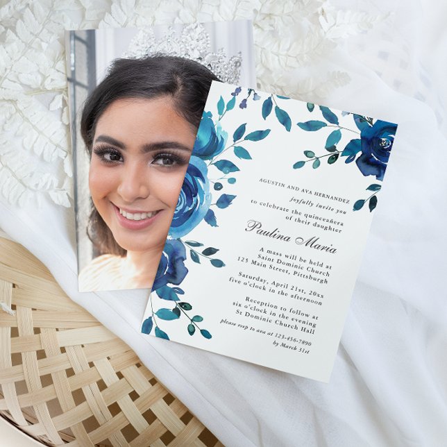 Elegant Blue Floral Photo Quinceañera Invitation (Creator Uploaded)