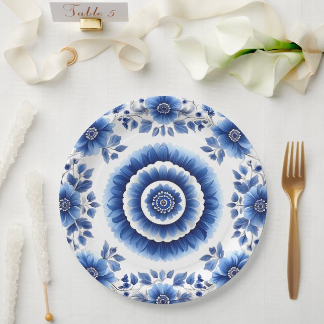 Elegant Blue Floral Pottery Inspired Paper Plate (Wedding)
