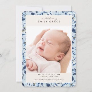 Elegant Blue Floral Print Photo Birth Announcement
