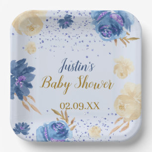 Elegant Blue Floral Pumpkin Baby Shower Paper Plate