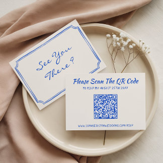 Elegant Blue Floral QR Code Wedding RSVP Card