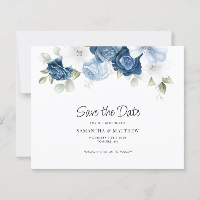 Elegant Blue Floral QR Code Wedding Save the Date (Front)